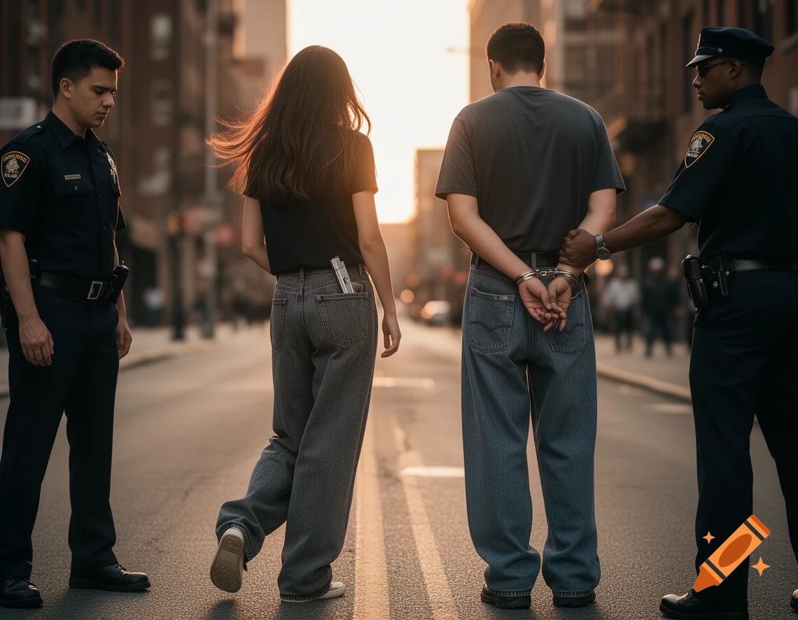 Two police officers arrest a man in handcuffs and a woman with a gun in her pocket on a city street at sunset, viewed from behind.