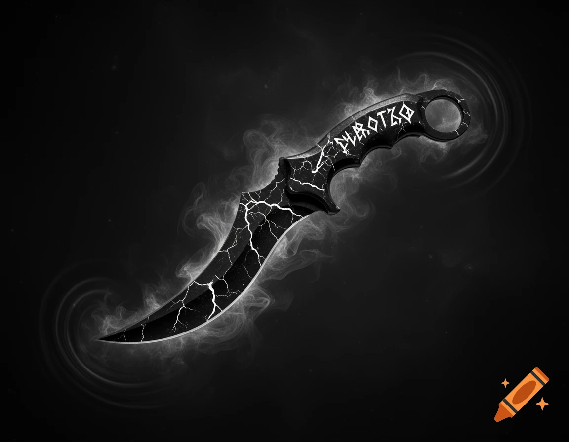 A stylized black karambit knife with glowing white cracks and an ornate handle, surrounded by dark smoke and swirling cosmic energy, all in monochrome.