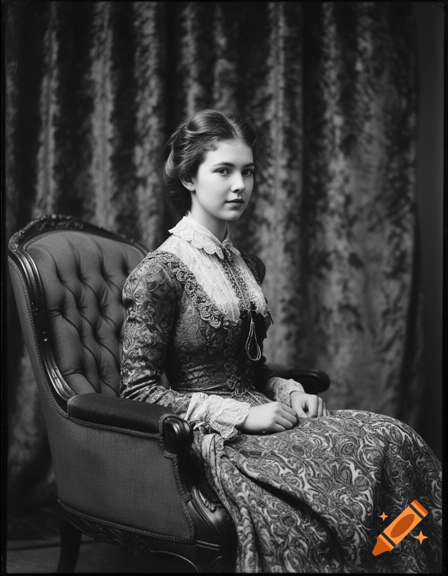 Black and white studio portrait of a young woman in an elegant Edwardian dress seated in an ornate chair.