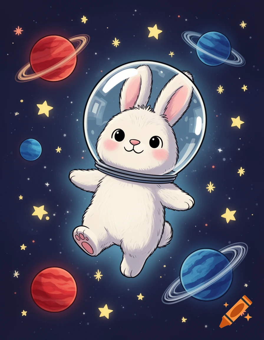 A cute white cartoon rabbit wearing an astronaut helmet floats in space surrounded by colorful planets and stars.