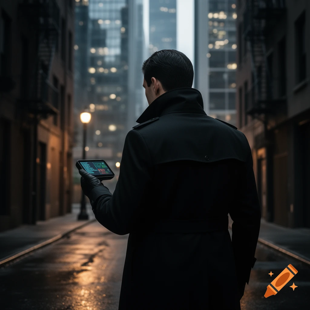 A man in a trench coat, viewed from behind, looks at a phone displaying data in a dark, wet city alley.