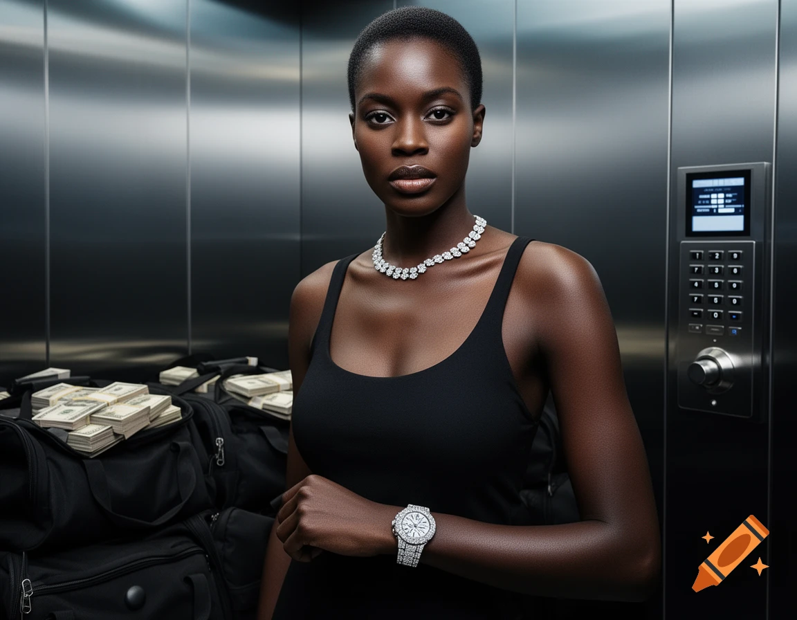 A dark-skinned woman with short hair, wearing a black top, diamond necklace, and watch, stands in an elevator with bags of money.