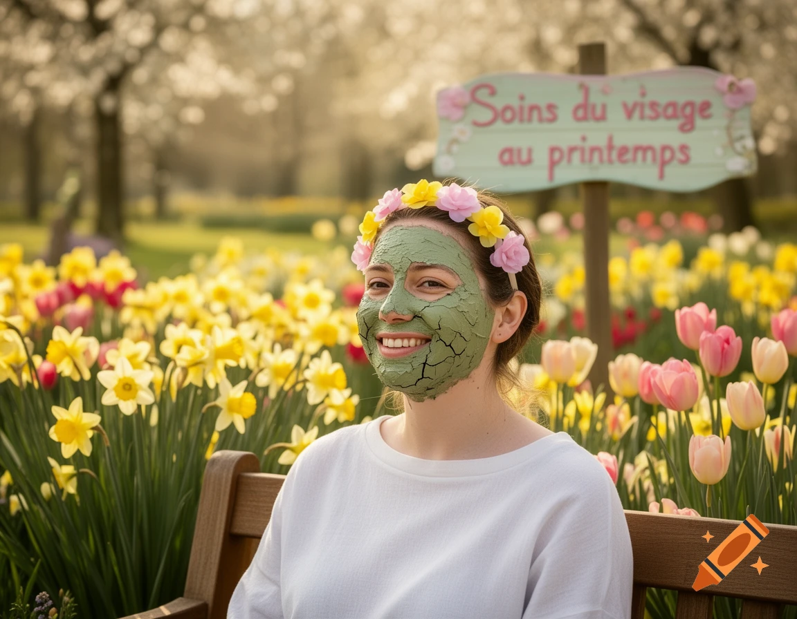 A woman with a green face mask and a flower crown smiles in a spring garden filled with daffodils and pink tulips, with a sign in the background.