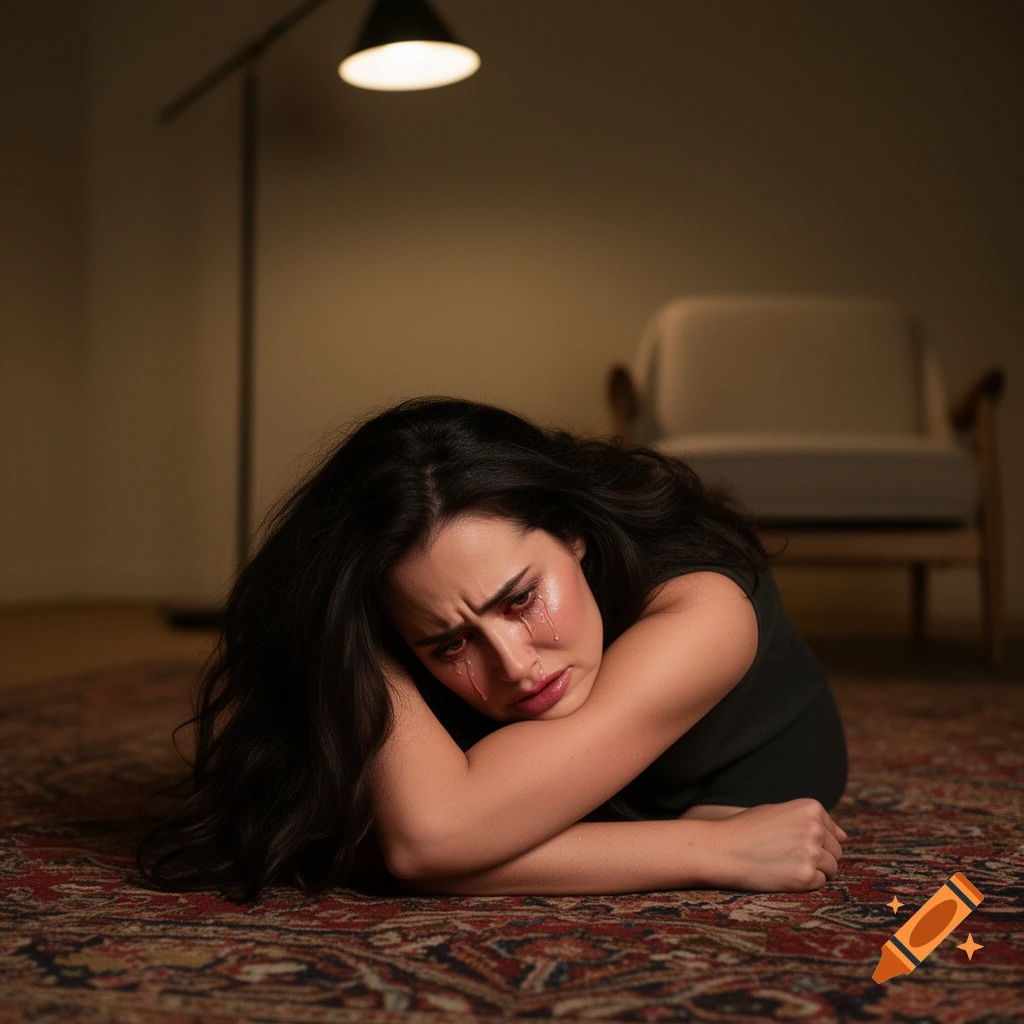 A woman with dark hair is curled up on a patterned rug, crying intensely with red-tinged tears, under a floor lamp.