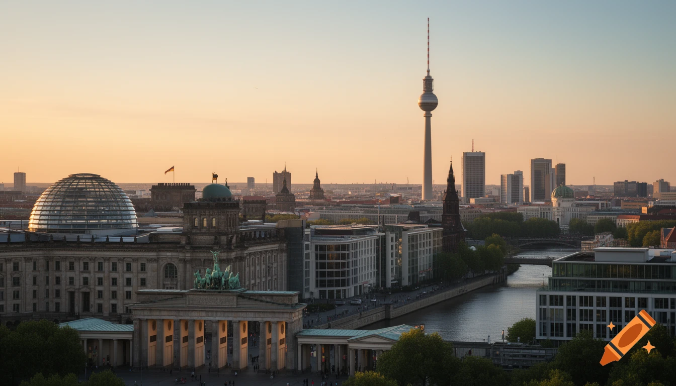 A beautiful view of Berlin's skyline at sunset, featuring the Reichstag Dome, Brandenburg Gate, and Fernsehturm TV Tower.