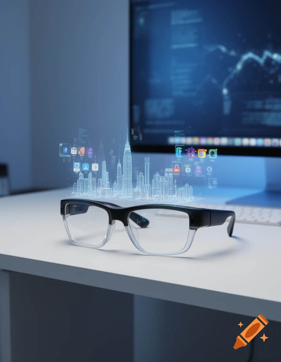 Close-up of black augmented reality glasses on a white desk, projecting a holographic city skyline and app icons above them.