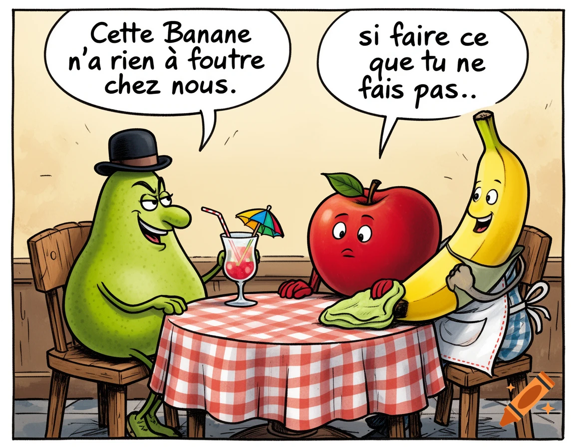 Cartoon of an anthropomorphic pear in a hat, an apple, and a banana with an apron, sitting at a table with speech bubbles.