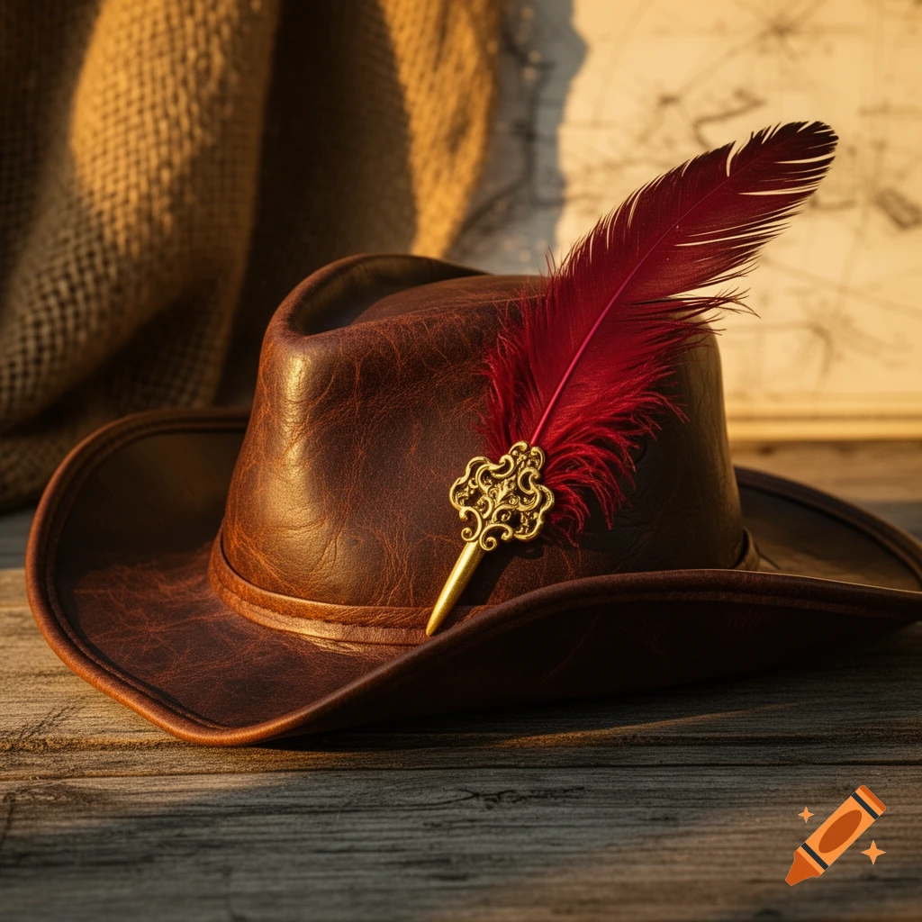 A brown leather pirate hat with a bright red feather secured by a gold emblem, resting on a wooden surface.