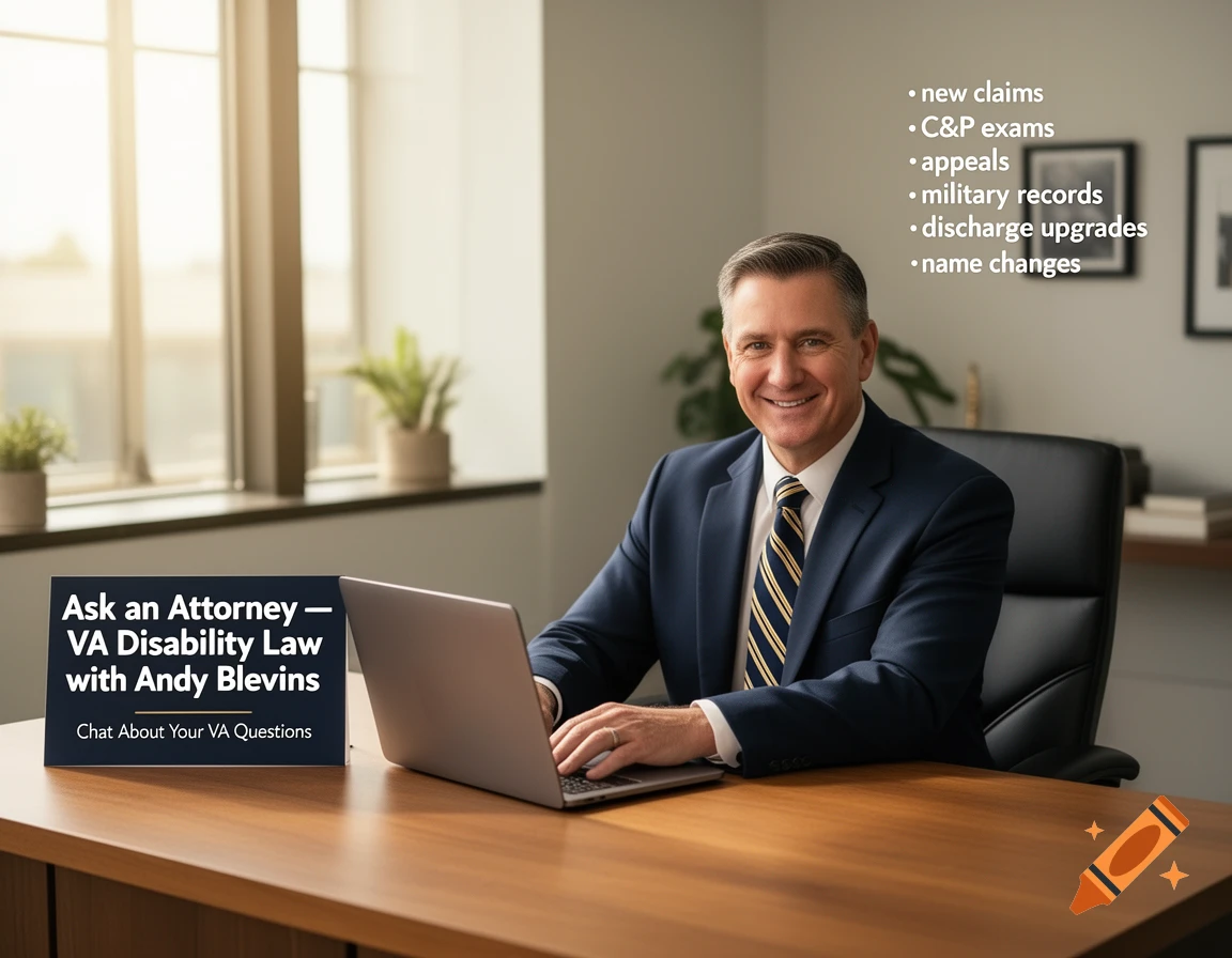 A smiling male attorney in a suit sits at a desk with a laptop, beside a sign for VA Disability Law and a list of services. Photorealistic.