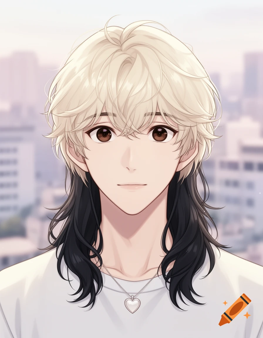 Anime portrait of a young man with long, blonde and black hair, brown eyes, and a heart pendant.