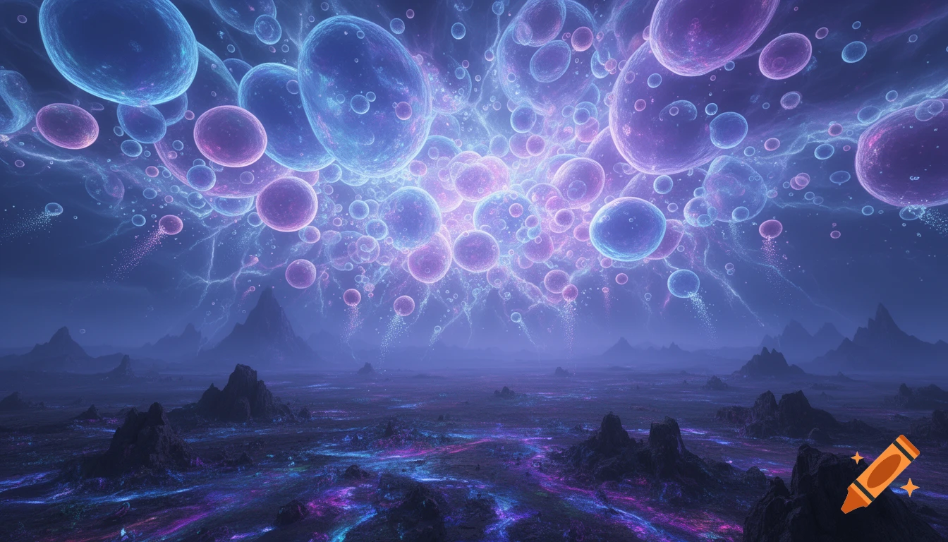 Abstract otherworldly landscape featuring numerous glowing, translucent blue and purple bubbles floating above a dark, rugged terrain with vibrant bioluminescent streams.