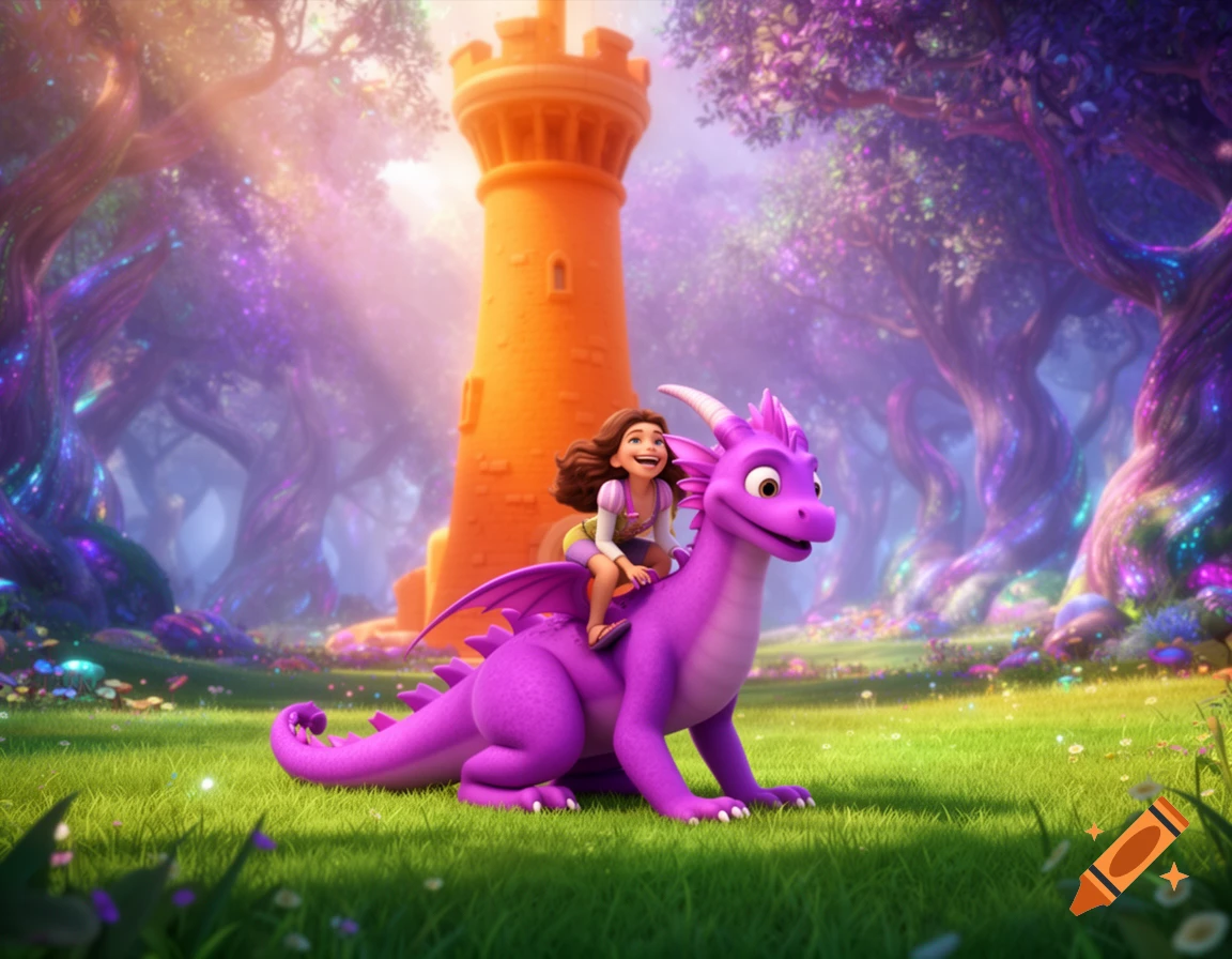 A 3D animated girl with brown hair rides a purple dragon in a vibrant, magical forest with an orange tower in the background.