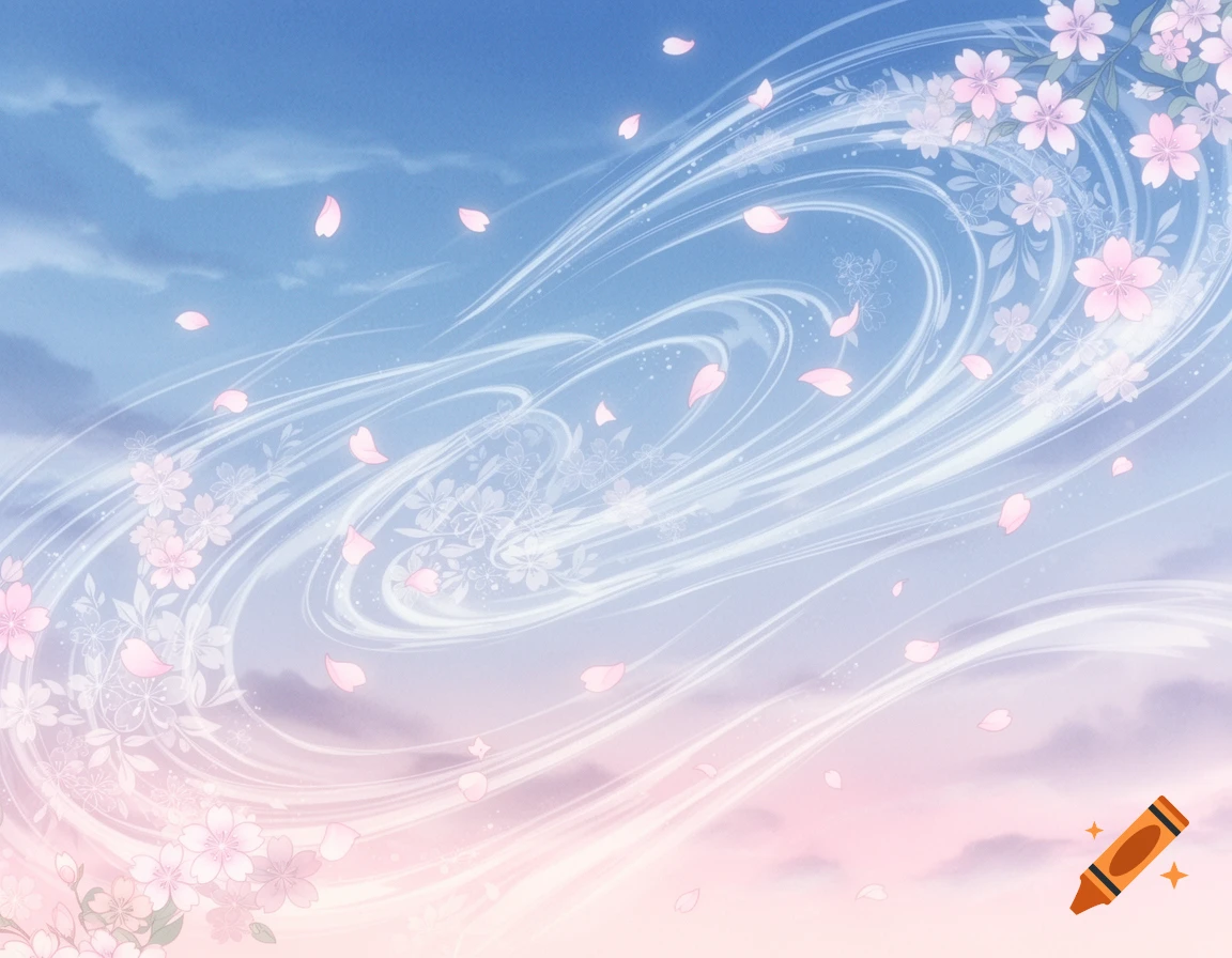 Anime-style illustration of a pastel blue and pink sky with swirling wind, cherry blossoms, and falling petals.