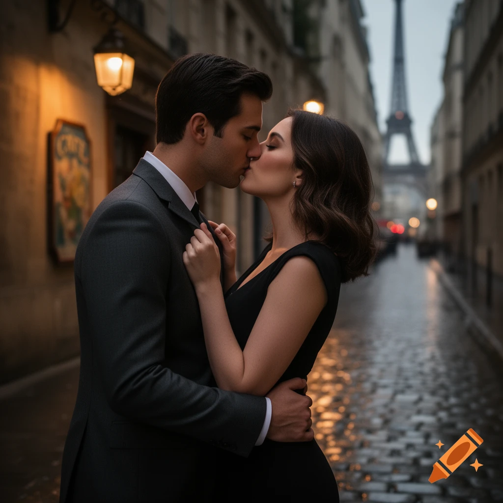 Photorealistic image of a couple kissing on a wet Parisian street with the Eiffel Tower in the background.