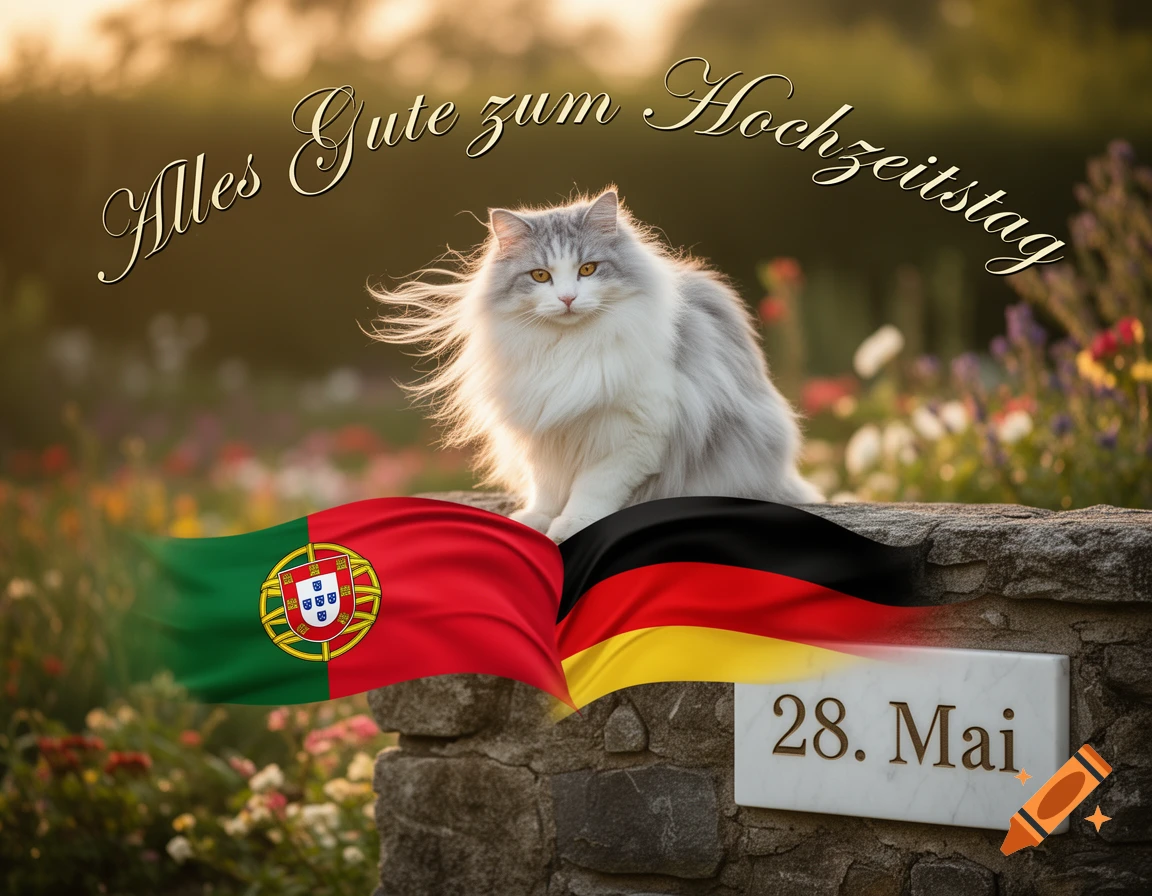 A fluffy white and gray cat sits on a stone wall, with 'Alles Gute zum Hochzeitstag' text above it. Portuguese and German flags blend below, next to a '28. Mai' plaque in a garden setting.