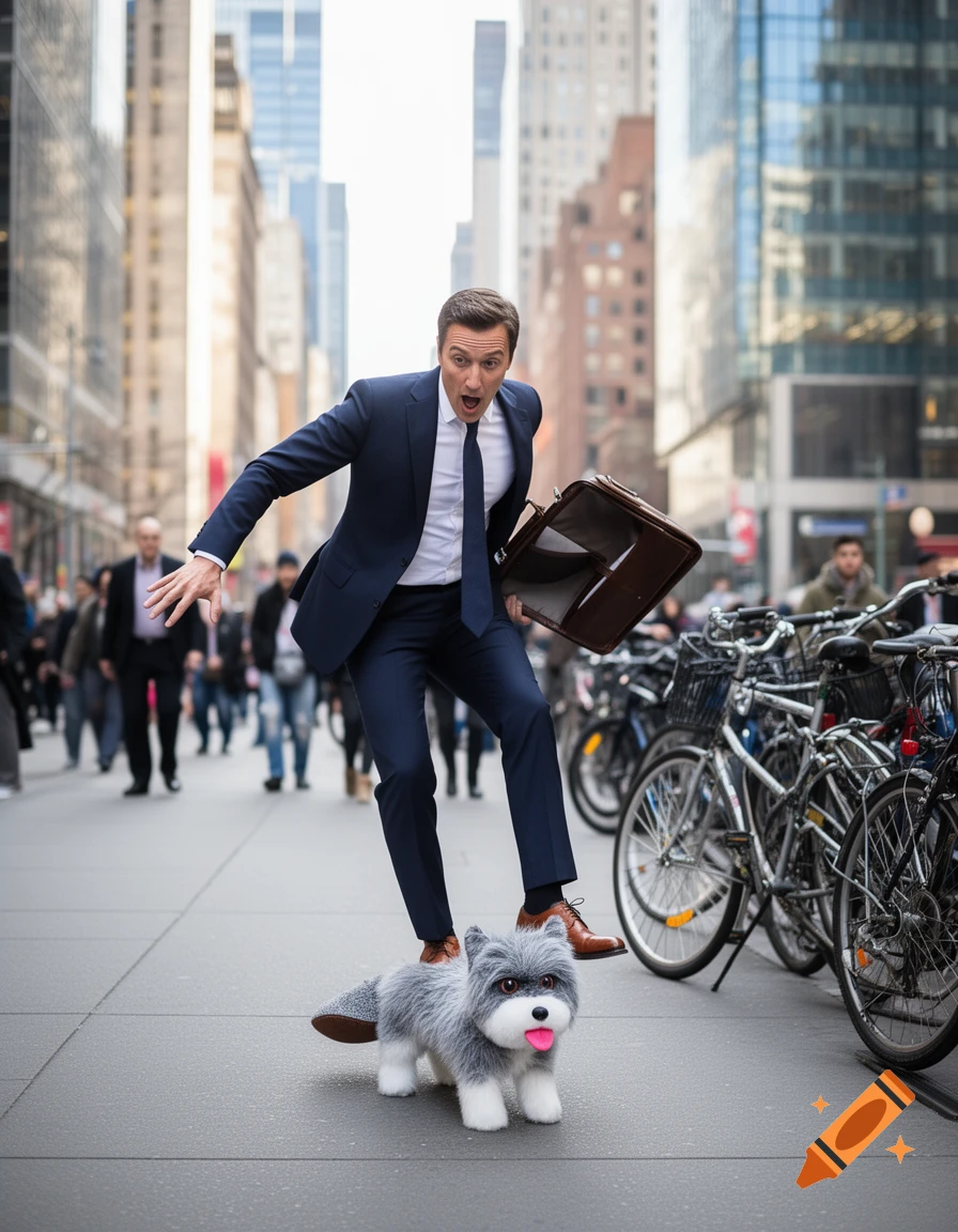 A surprised man in a suit trips over a fluffy grey toy dog on a bustling city street, dropping his briefcase.