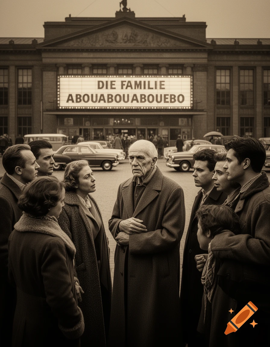 A sepia-toned image of a group of people, with an old man centered, standing in front of a building with 'DIE FAMILIE ABOUABOUABOUEBO' on a marquee, and vintage cars in the background.