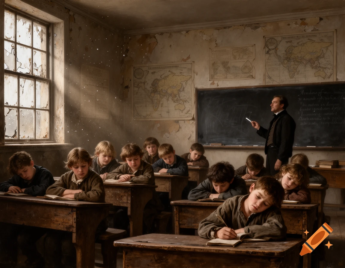 A somber painting of a 19th-century classroom with a teacher at the blackboard and tired children studying at wooden desks.