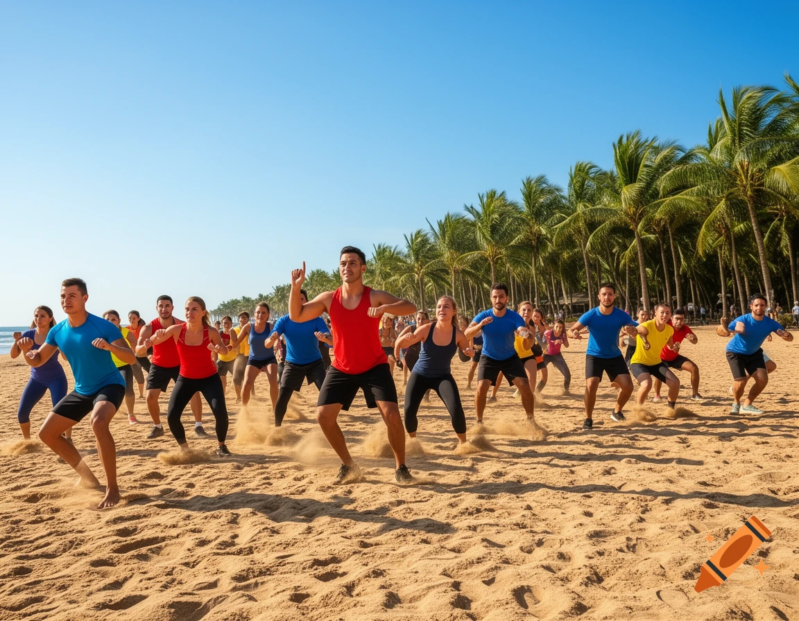 A group of people performing a bootcamp exercise on a sunny sandy beach with palm trees in the background.