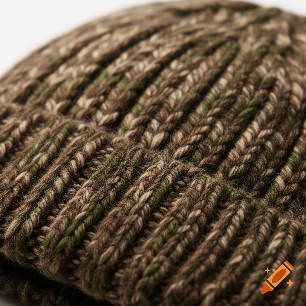 Close-up photorealistic shot of a brown, green, and beige multicolored ribbed beanie hat texture.