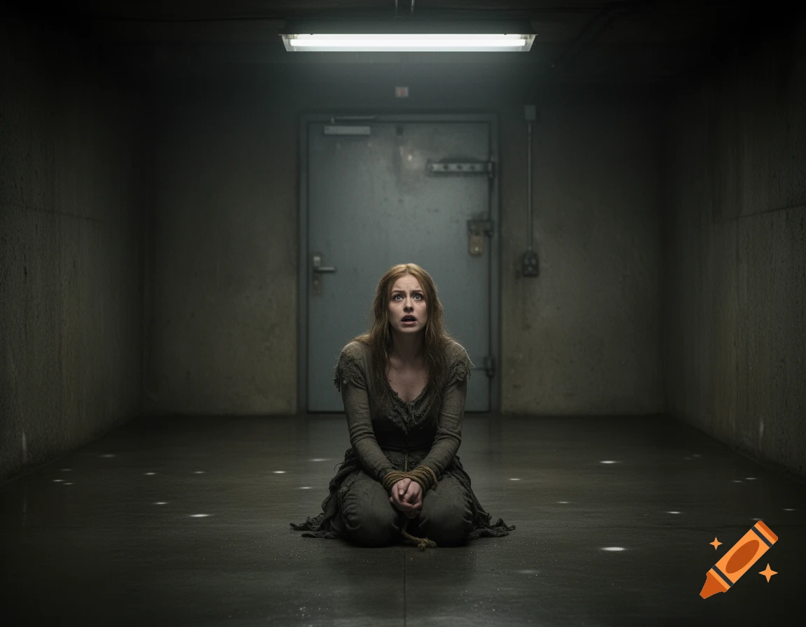 A distressed woman with bound hands kneels on the floor of a dark, bare concrete room, looking up in fear.