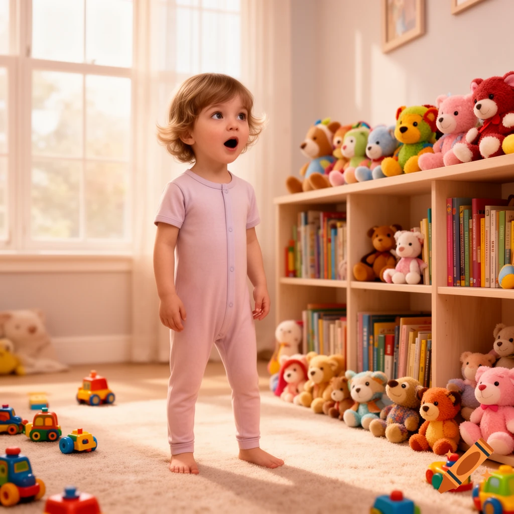 A young child in a light purple pajama stands amidst toy cars on a carpeted floor, looking up with an open mouth, in a sunlit room with shelves of books and plush toys.