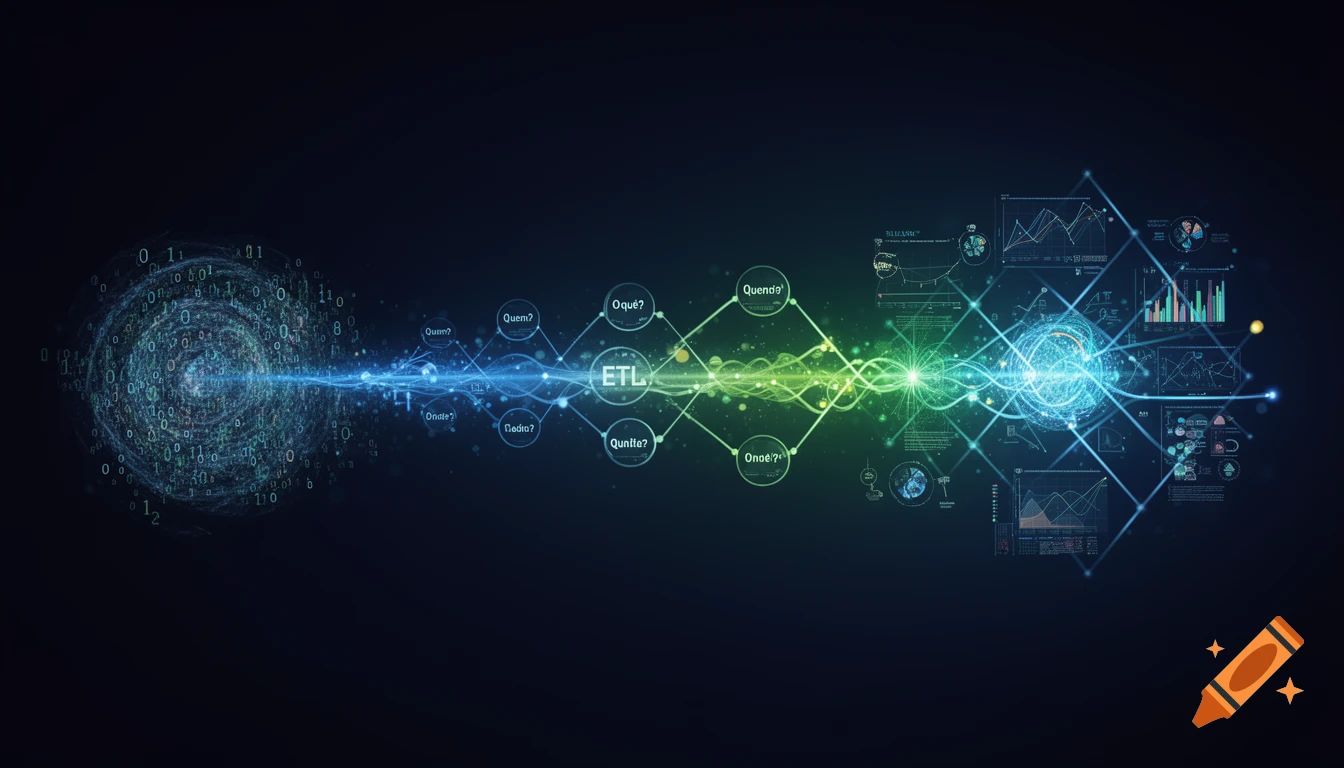 Abstract visualization of data flowing through an ETL process, with binary code transforming into structured information and analytics dashboards, set against a dark background.