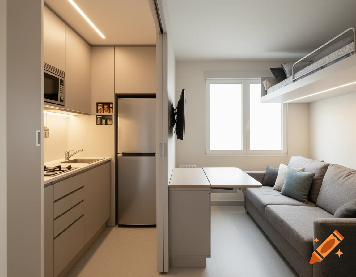 A modern, compact studio apartment with a kitchen, living area, and loft bed in photorealistic style.