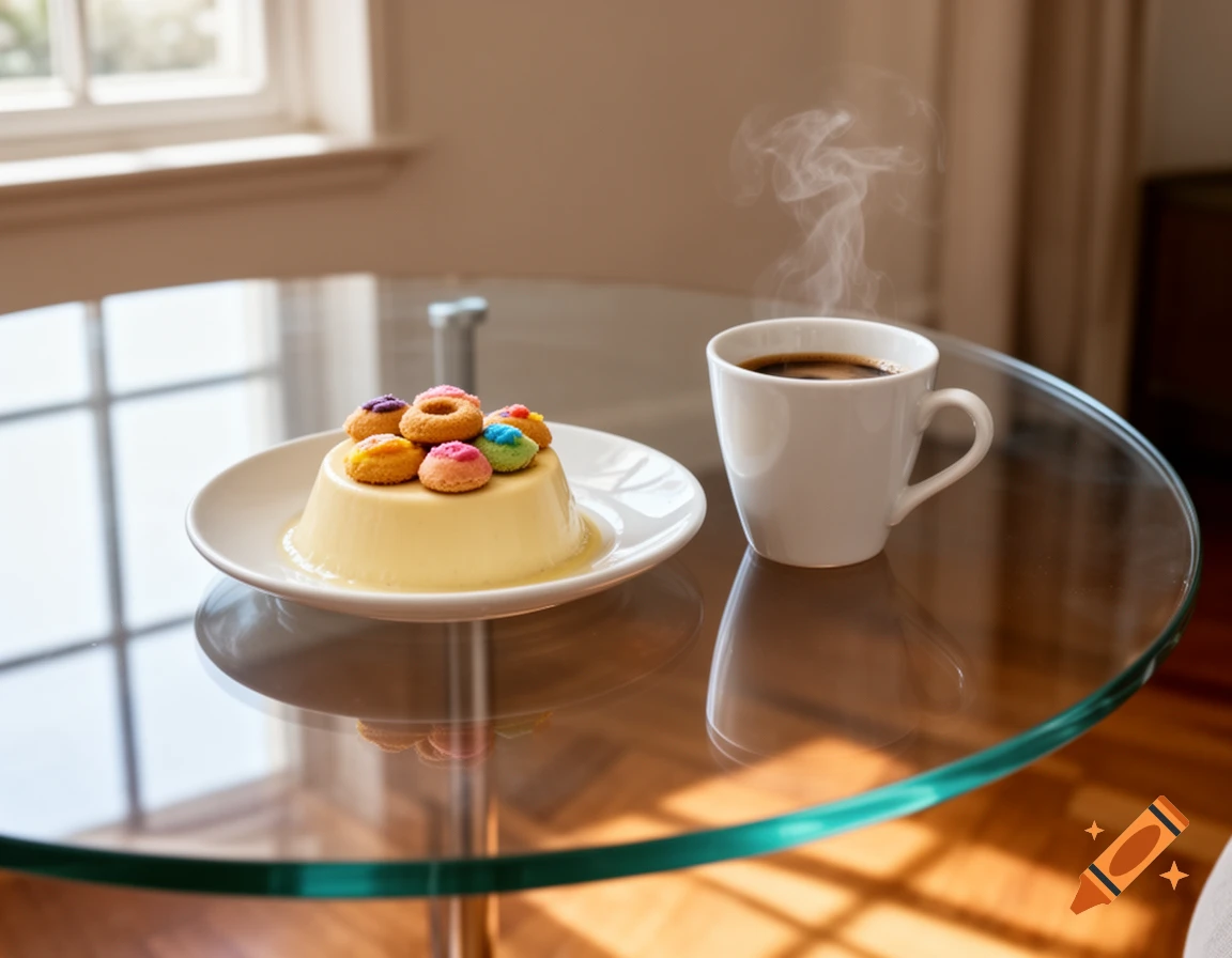 A photorealistic image of vanilla pudding with colorful mini donuts and a steaming cup of coffee on a round glass table.