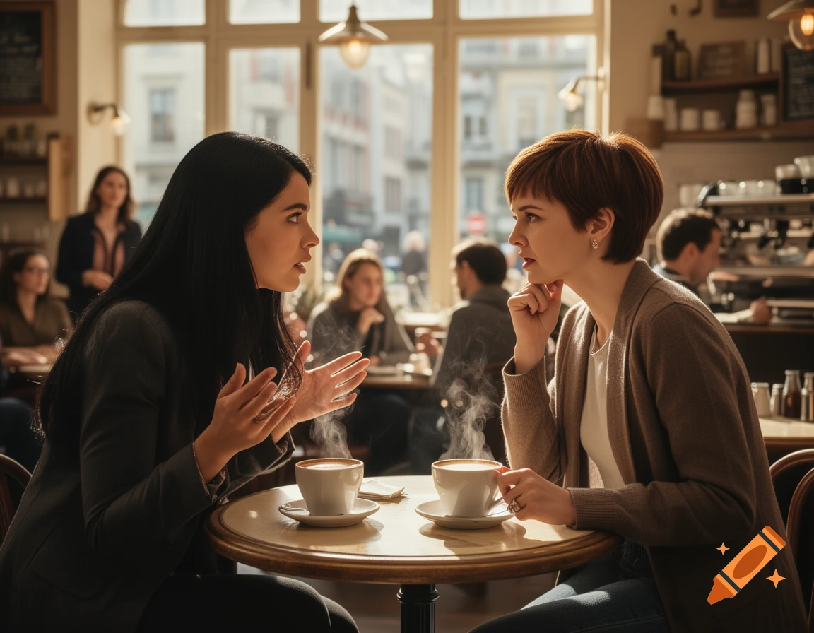 Two women in a sunlit cafe, one gesturing as she talks to the other over coffee cups in a photorealistic style.