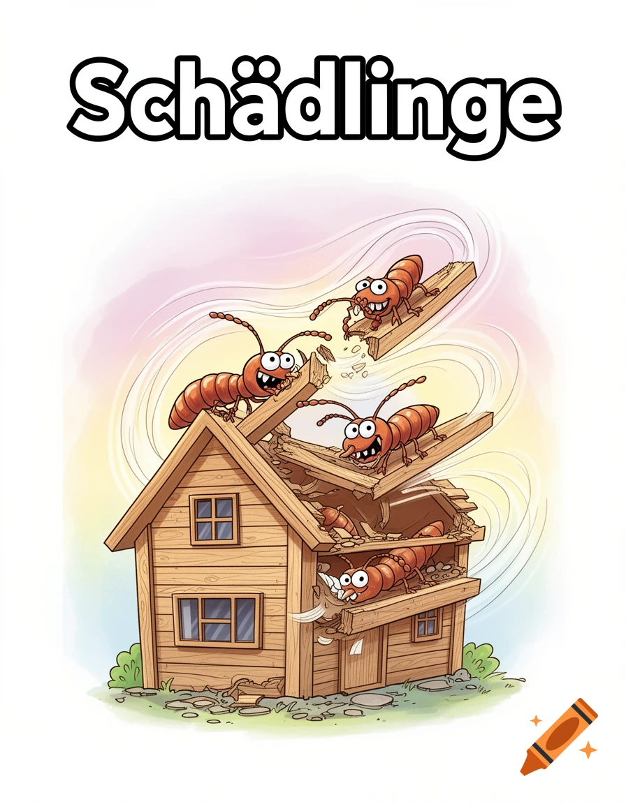 Cartoon illustration of four smiling termites destroying a small wooden house, with 'Schädlinge' written above.