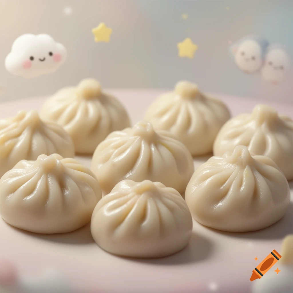 A close-up of several squishy, realistic dumplings on a pink surface, with a whimsical background featuring a cute smiling cloud and yellow stars.