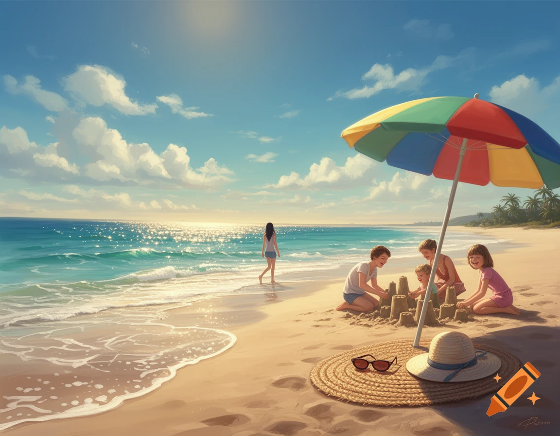 A vibrant painting of a sunny beach day with families building sandcastles under a colorful umbrella and a woman walking by the sparkling ocean.