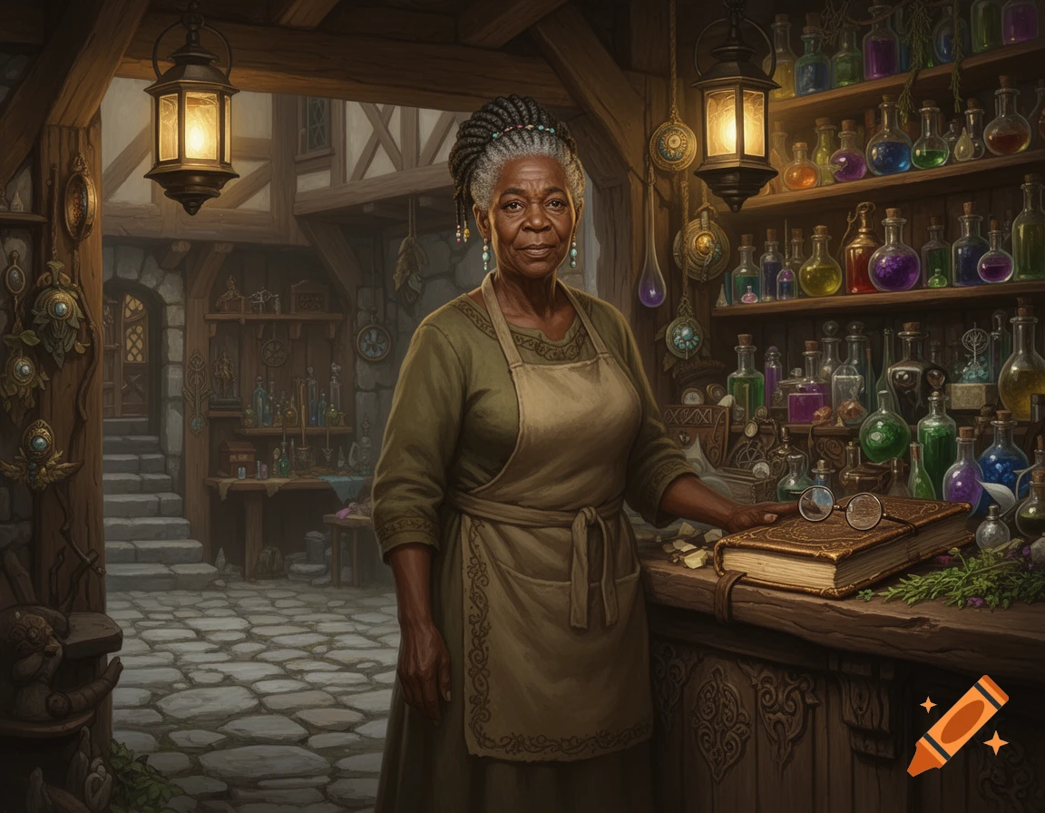 An older Black female shopkeeper in a rustic fantasy potion shop, standing behind a counter with a book and colorful bottles.
