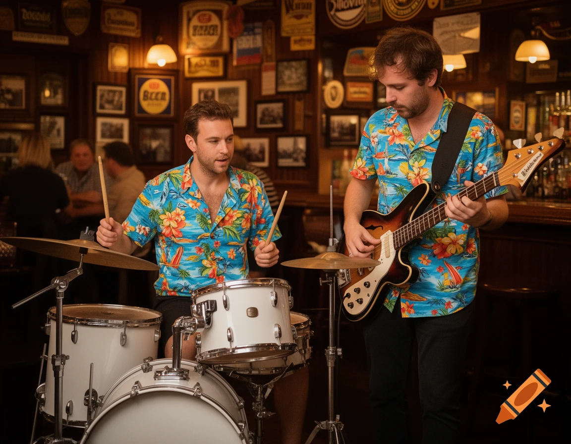 Two men in Hawaiian shirts play music in a dimly lit bar, one on drums and the other on a bass guitar.