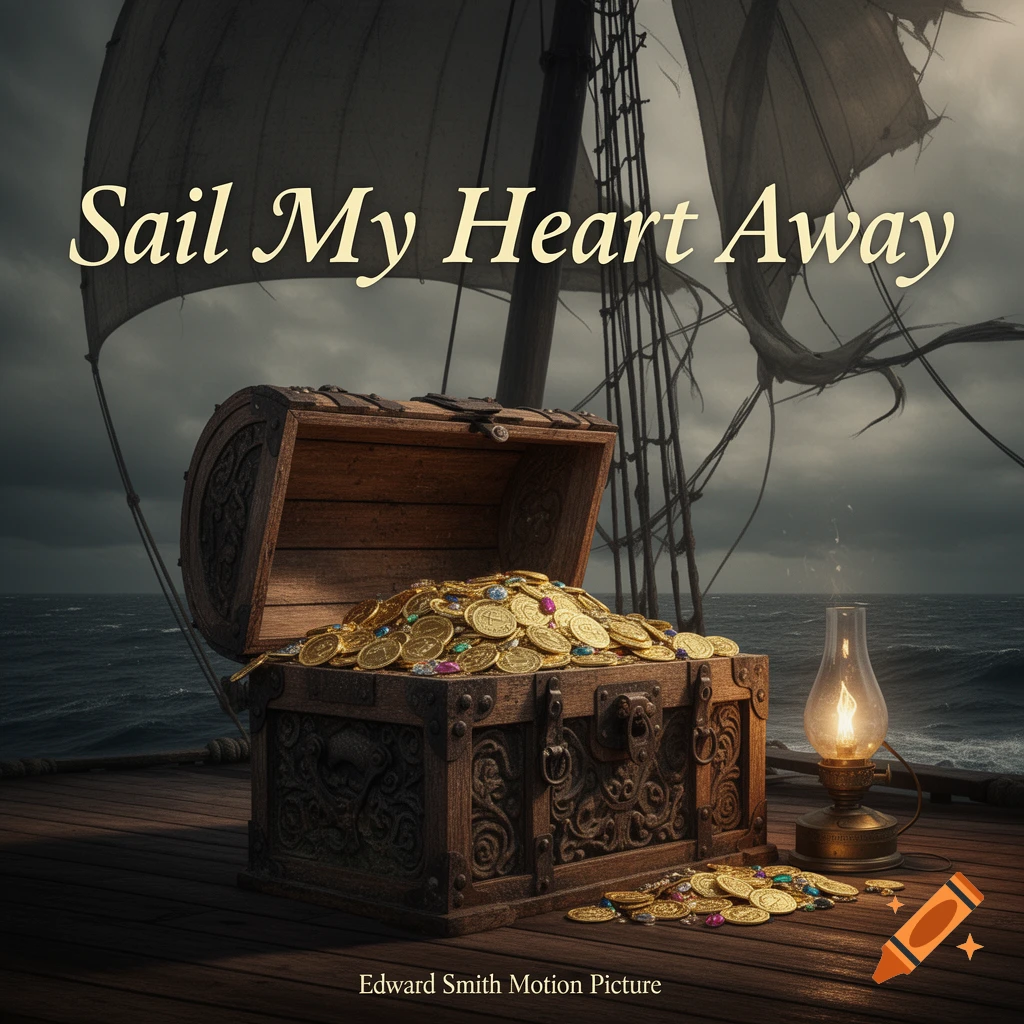A wooden treasure chest overflowing with gold coins and jewels on a ship deck with a lantern, against a stormy sea and sail.