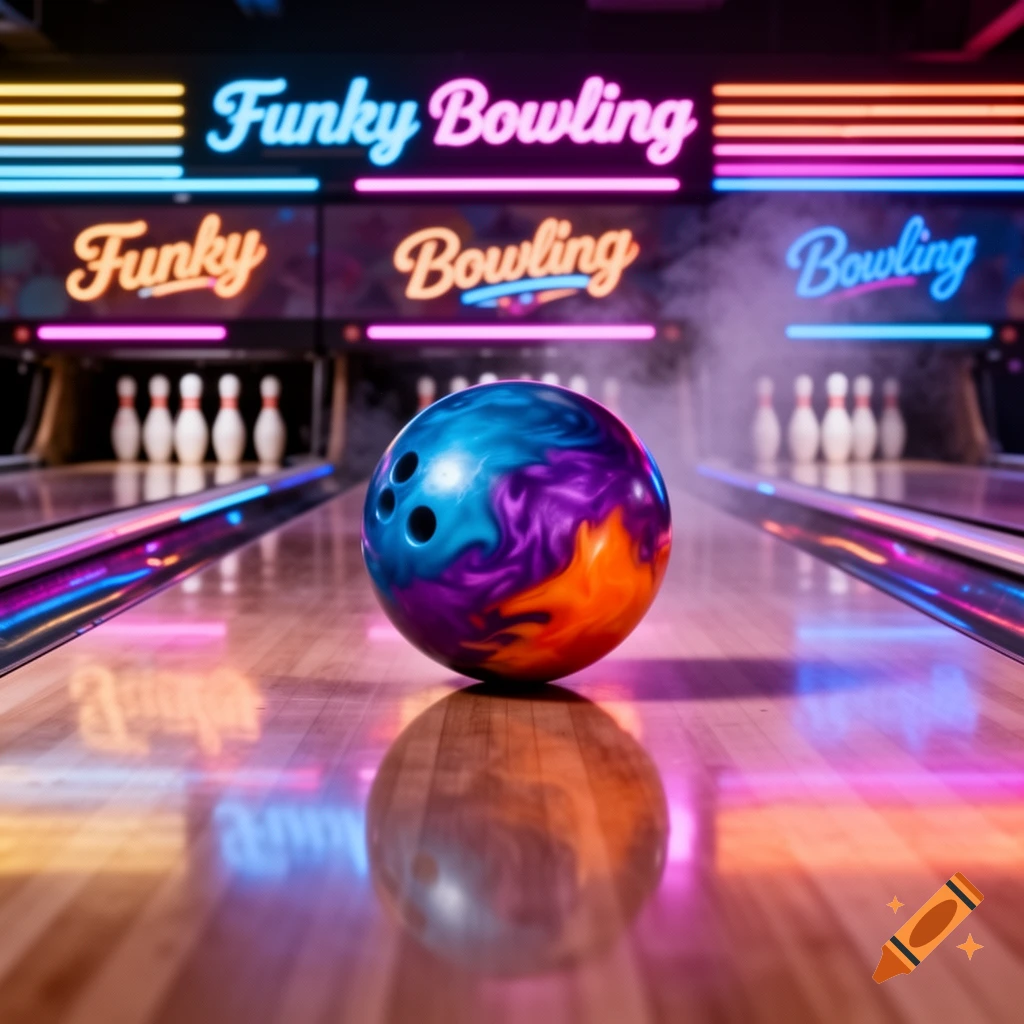 A vibrant, colorful bowling ball sits on a glossy lane in a neon-lit bowling alley, with pins and smoke in the background.