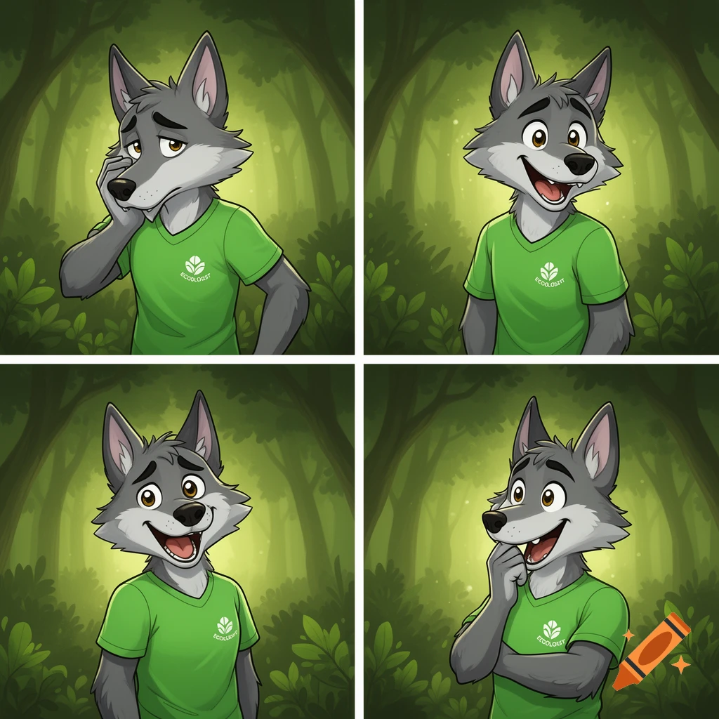 Four panels featuring a cartoon wolf mascot in a green t-shirt with a leaf logo and the word 'ECOLOGIST'. The wolf shows sad, happy, and thoughtful expressions in a forest setting.