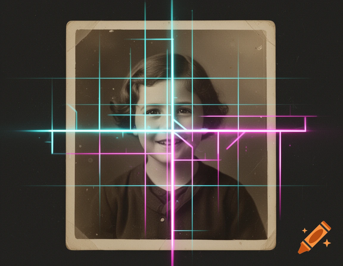 Old sepia photo of a smiling child with a bright, neon blue and pink geometric grid pattern overlaid.