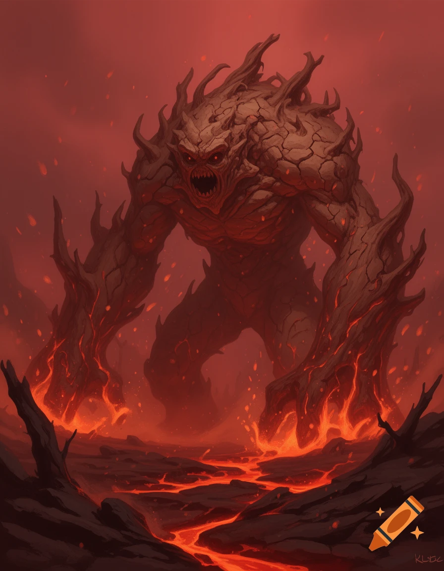 A menacing, reddish-brown, rock-like monster with glowing red eyes and fiery hands in a lava landscape. Fantasy art.