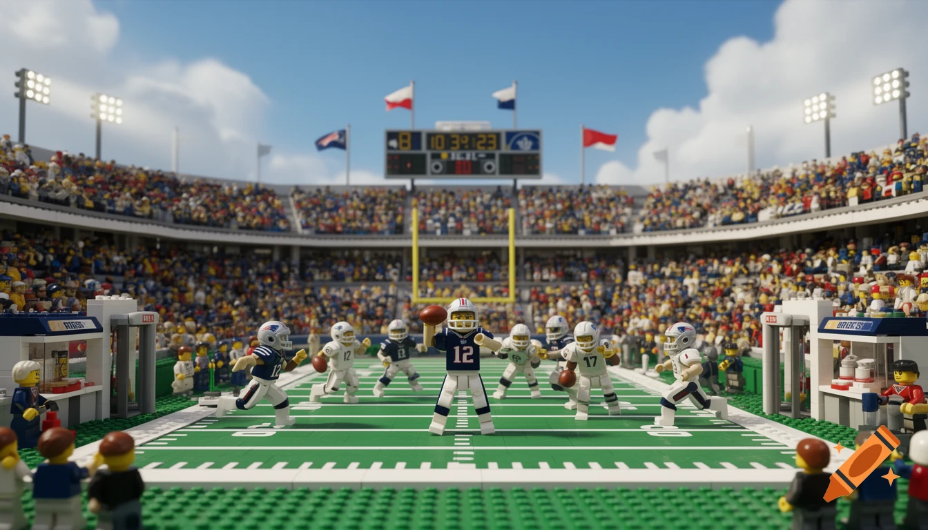 A detailed Lego diorama of an American football game in a crowded stadium, with a quarterback about to throw the ball.