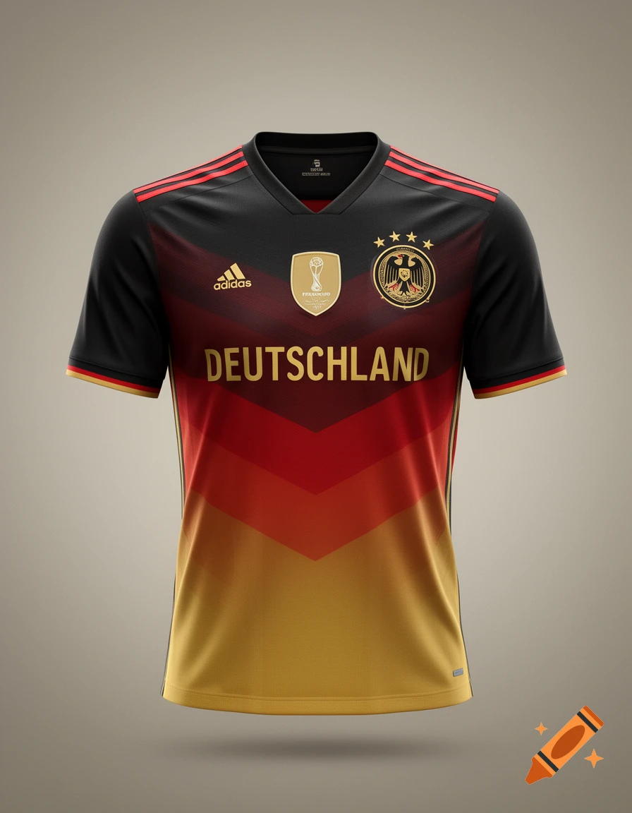 German national soccer jersey in black, red, and gold, featuring "DEUTSCHLAND" across the chest, against a plain background.