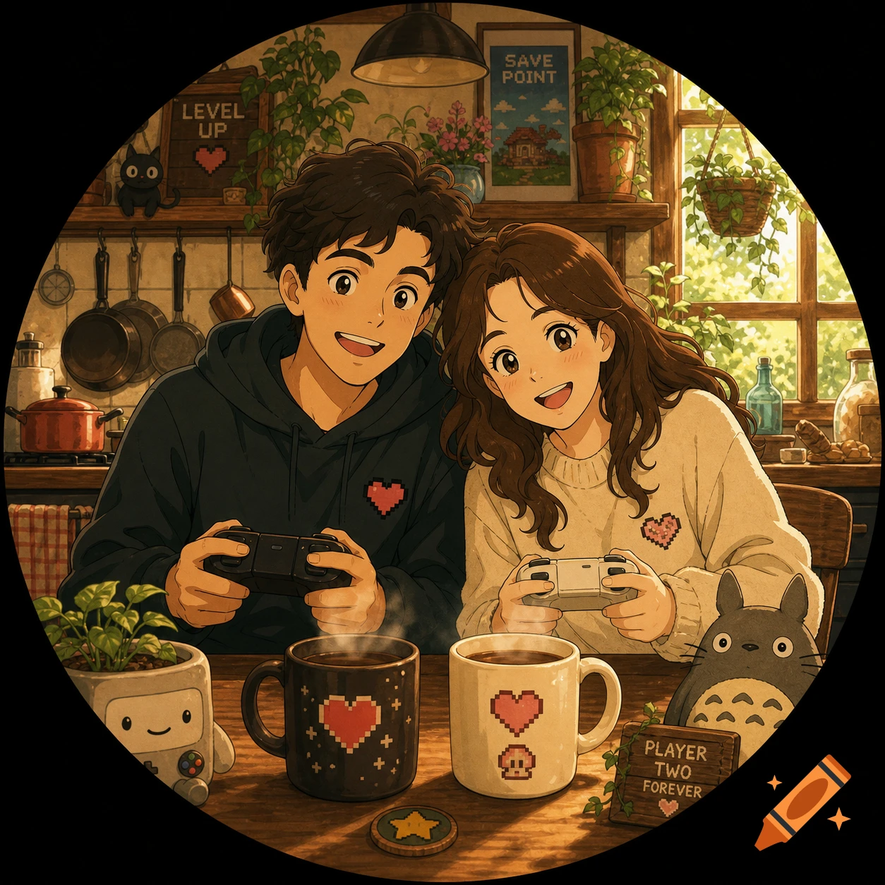 A smiling anime couple plays video games in a cozy, plant-filled kitchen with coffee mugs and gaming-themed decor.