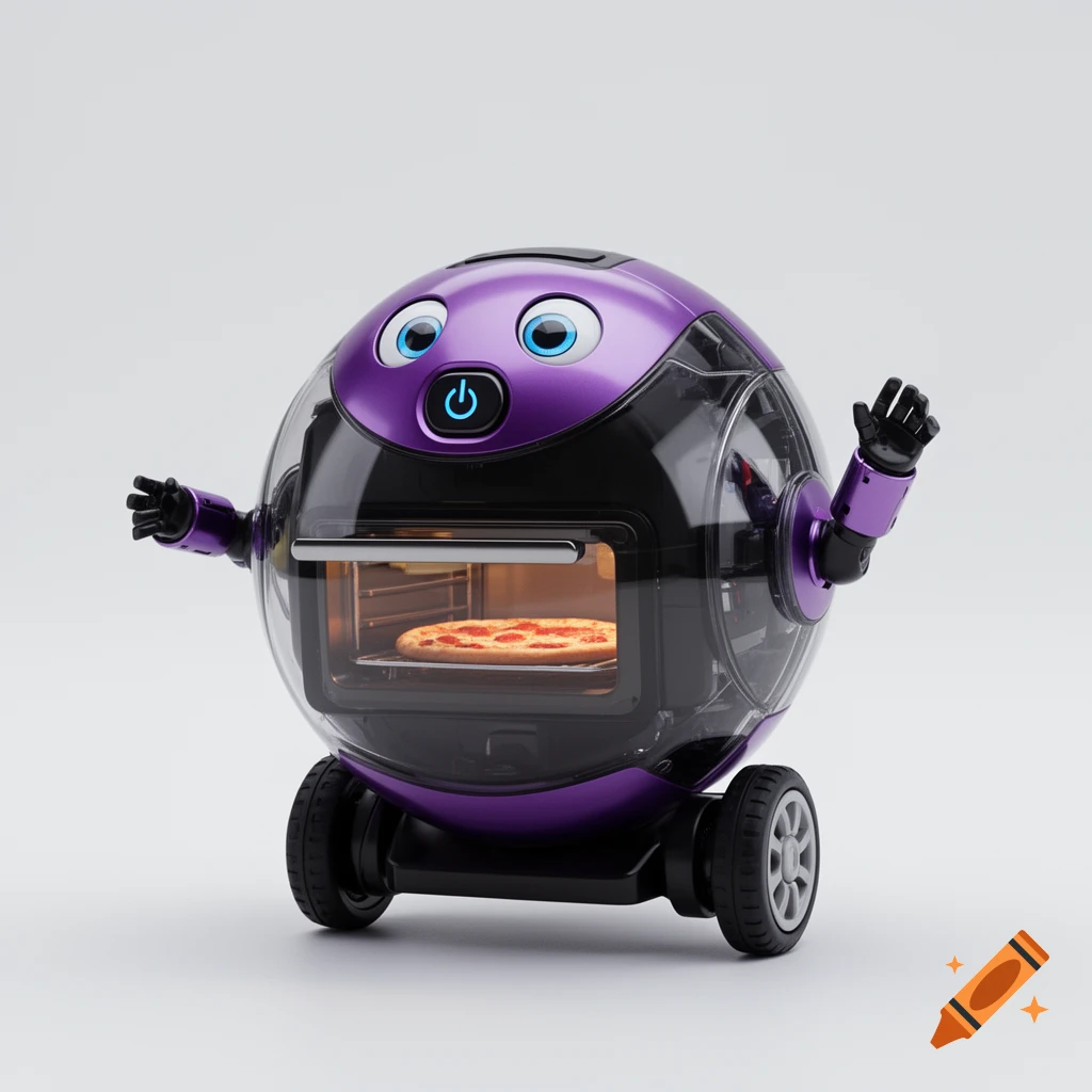 A round, purple and black robot with large eyes and small arms on wheels, cooking a pizza in its clear oven belly.