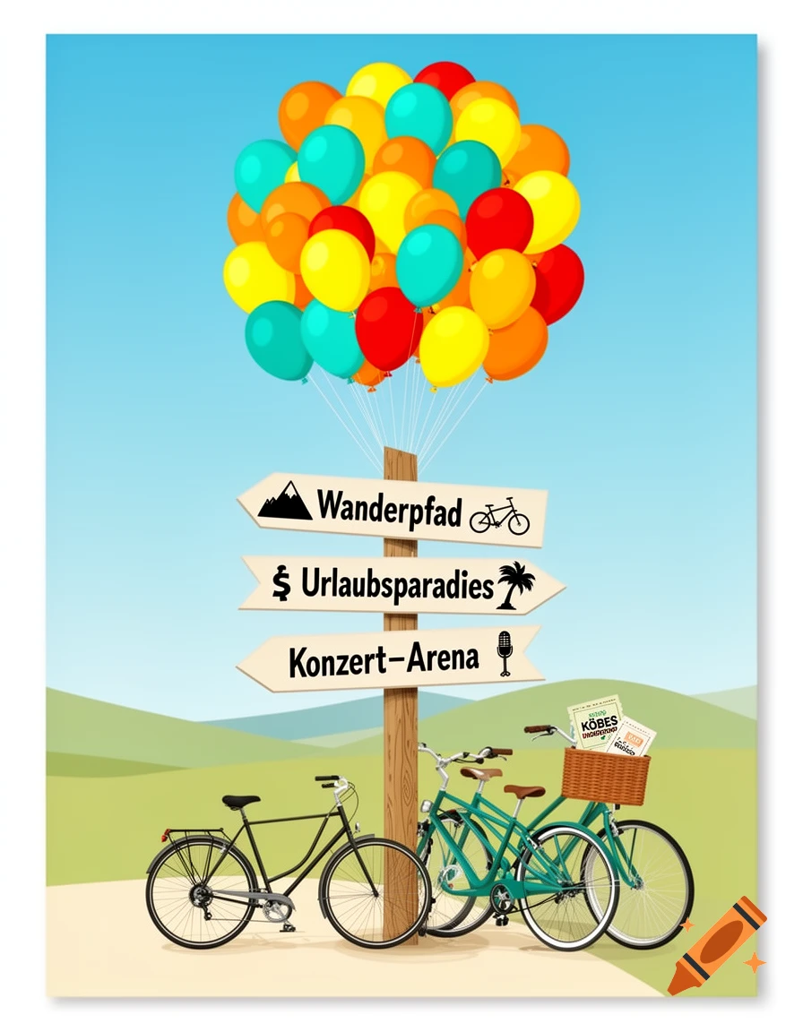 A colorful vector illustration features a wooden signpost with arrows pointing to 'Wanderpfad,' 'Urlaubsparadies,' and 'Konzert-Arena.' Two bicycles lean against it, one with a basket holding a 'Köbes Underground' ticket. A large cluster of balloons floats above, with a hilly landscape and blue sky in the background.