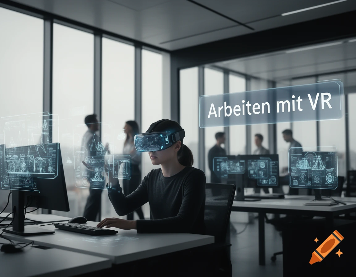 Person wearing a VR headset working in a modern office, interacting with holographic screens, with 'Arbeiten mit VR' text.