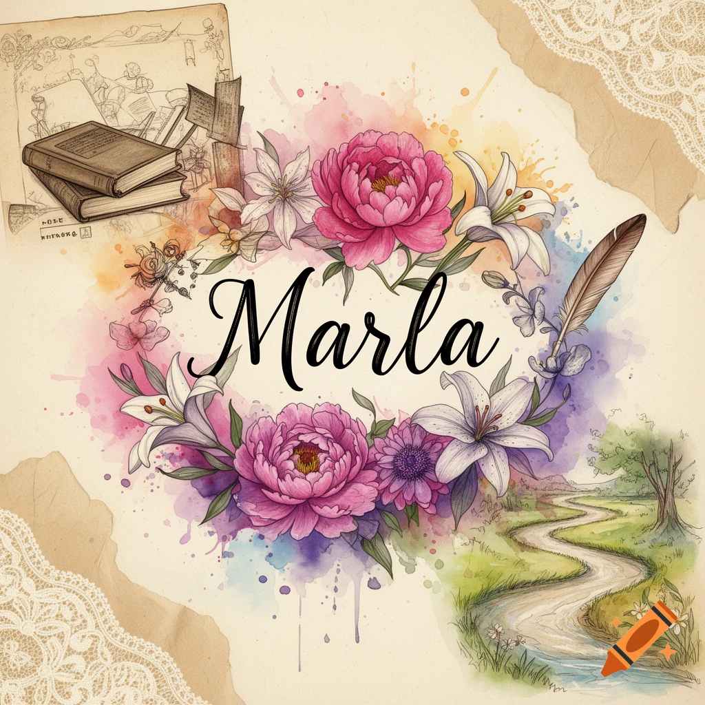 Watercolor collage with the name Marla surrounded by pink and white flowers, a quill, books, and a winding path, on a vintage paper background.