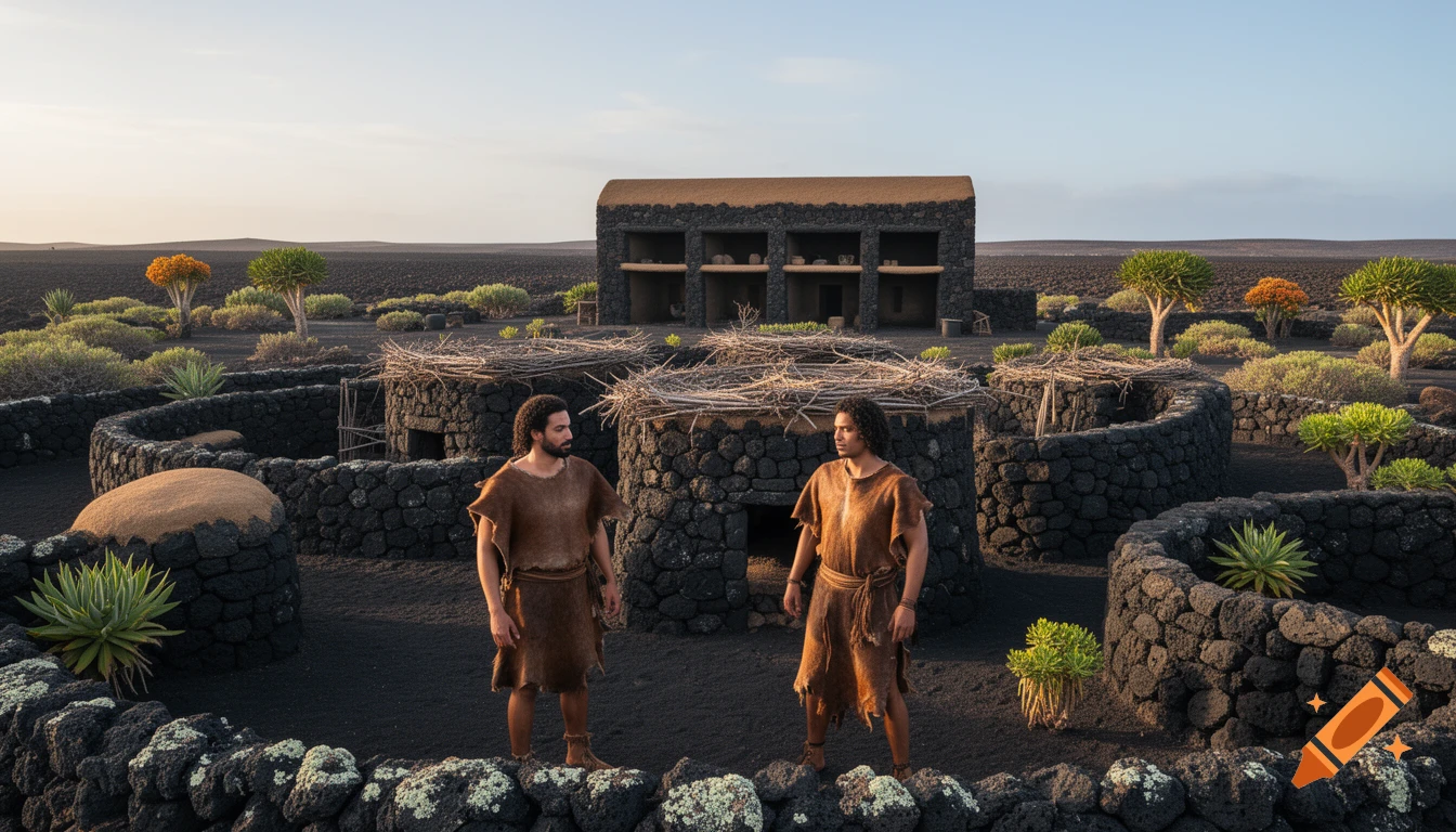 Two men in brown tunics stand in a photorealistic ancient basalt stone settlement on black volcanic soil with arid plants.