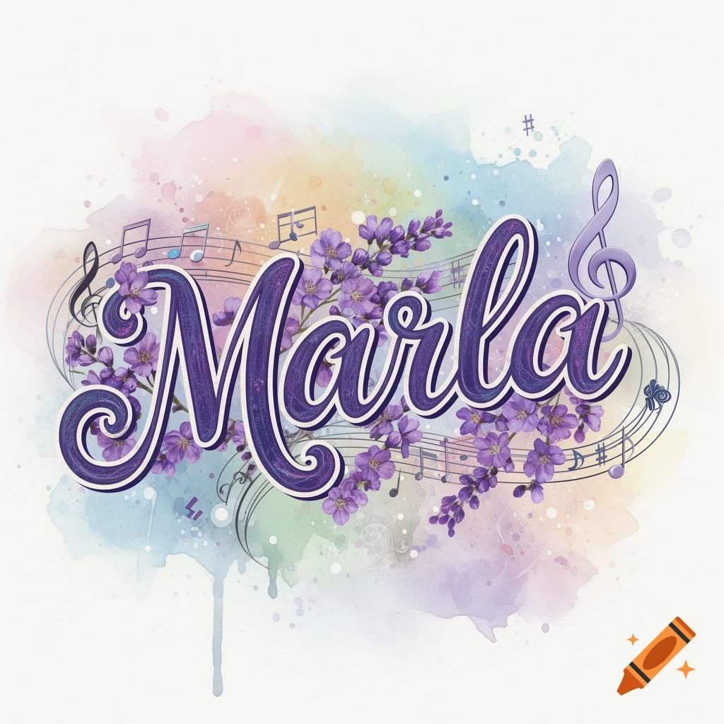 Stylized purple 'Marla' text with flowers and musical notes on a colorful watercolor splash background.
