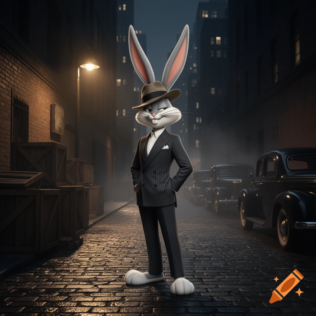 Bugs Bunny stands in a pinstripe suit and fedora in a dark, wet alley with classic cars in the background, in a stylized, photorealistic render.